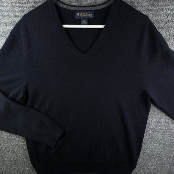 Brooks Brothers Wool Blend Stretch Men Pullover Sweater Navy Blue V Neck Medium - Picture 1 of 10